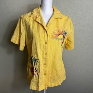 White Stag Women's Blouse Yellow Size S Short Sleeve Embroidered Palm‎ Trees